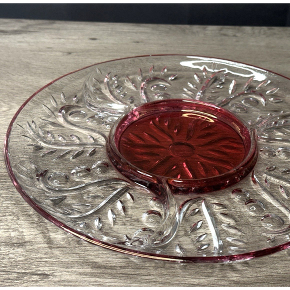 Vintage Cranberry Cut Glass Platter 3 Divided Sections 11.5” - Picture 1 of 7
